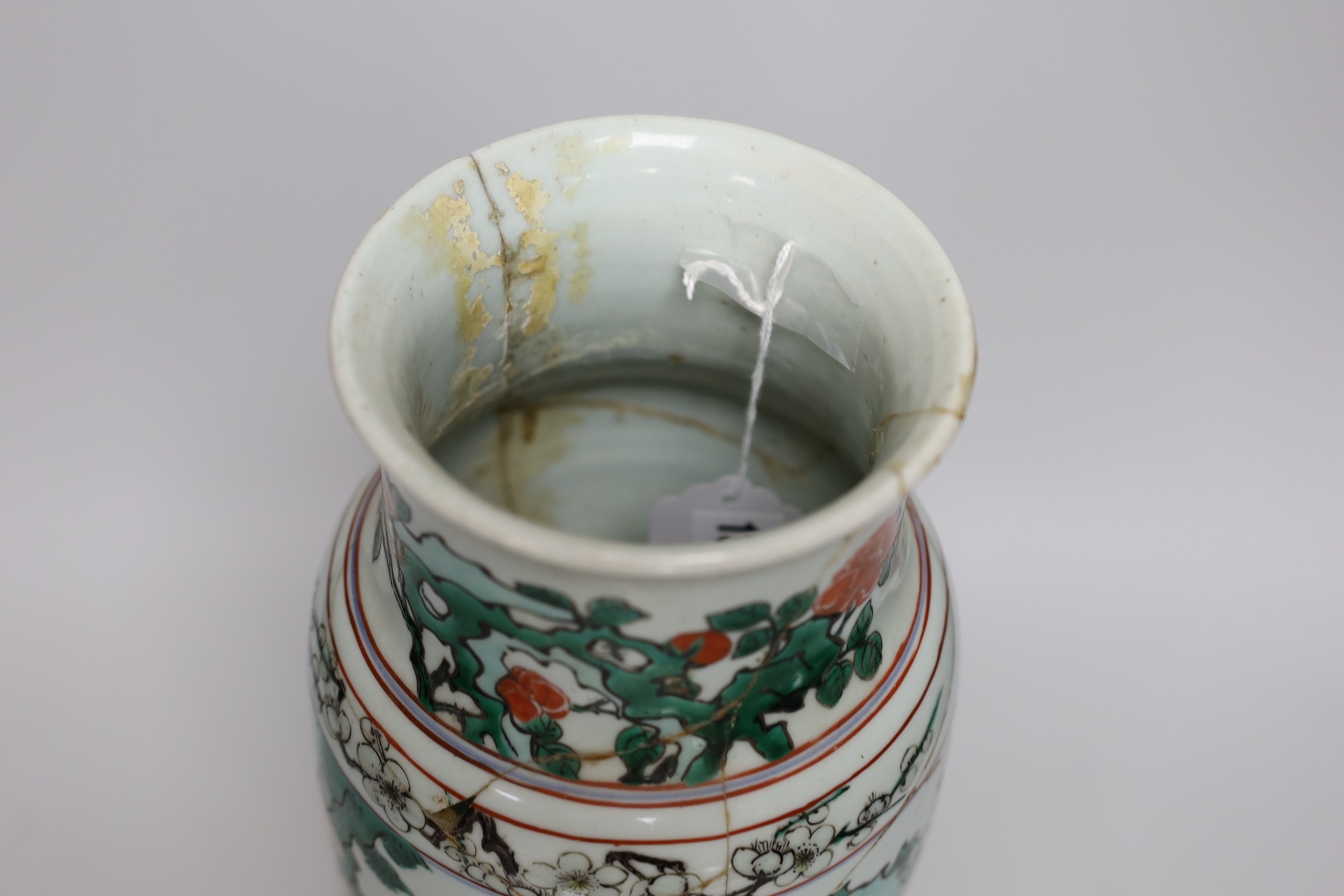 A 17th century Chinese transitional wucai vase (a.f), 37cm, unglazed base
